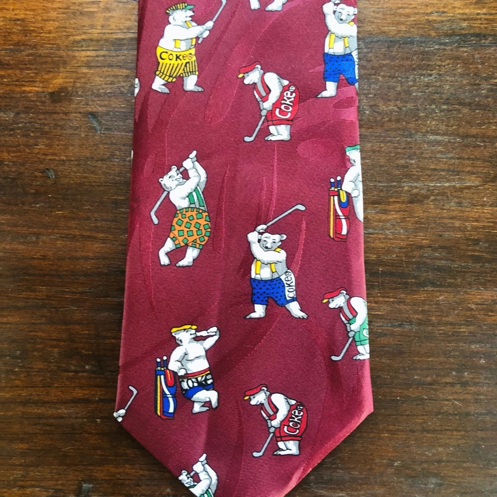 Vintage Coca Cola Polar Bear Playing Golf Burgundy Tie - Gem